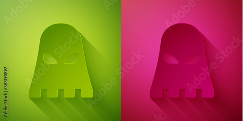 Paper cut Executioner mask icon isolated on green and pink background. Hangman, torturer, executor, tormentor, butcher, headsman icon. Paper art style. Vector.