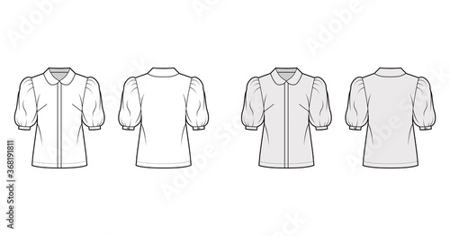 Elbow puff sleeve shirt technical fashion illustration with round collar, front button-fastening, loose silhouette. Flat blouse apparel template front back white grey color. Women, men unisex top CAD