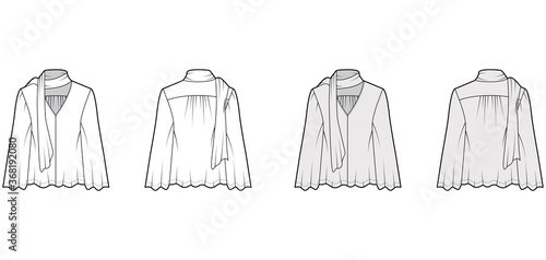 Pussy-bow blouse technical fashion illustration with baby doll body, deep V-neck, long circle sleeves tunic. Flat shirt apparel template front back white grey color. Women, men unisex top CAD mockup