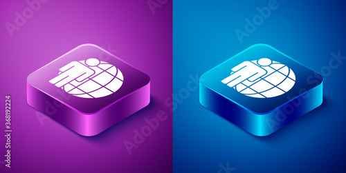Isometric Head hunting icon isolated on blue and purple background. Business target or Employment sign. Human resource and recruitment for business. Square button. Vector.