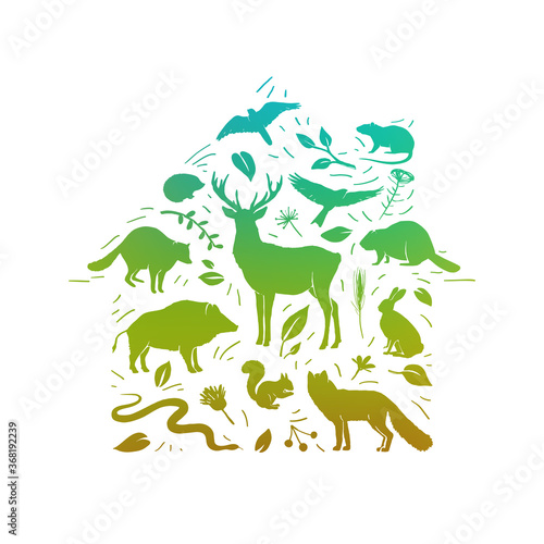  Vector forest animals set. Home for wild animal. Flat animals silhouettes in green colors. World Animal day. Wild planet ecosystem protection. Concept  of wildlife protection and rescue.