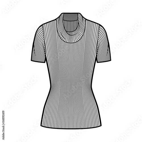 Ribbed cowl turtleneck knit sweater technical fashion illustration with short rib sleeves, tunic length. Flat outwear apparel template front, grey color. Women, men, unisex shirt top CAD mockup