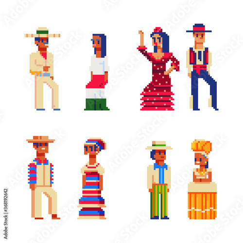 People characters in national dress traditional clothes of different countries pixel art icon. Folk costumes isolated vector illustration. Game assets 8-bit sprite sheet. Design magnets, stickers, app