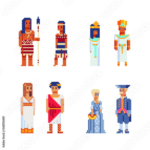 People characters in national dress traditional clothes of different countries pixel art icon. Folk costumes isolated vector illustration. Game assets 8-bit sprite sheet. Design magnets, stickers, app