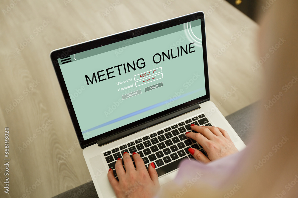 Fototapeta premium online meeting on laptop screen, team work using a Laptop Computer with Webinar E-business Browsing Connection and cloud online technology webcast concept, business concept