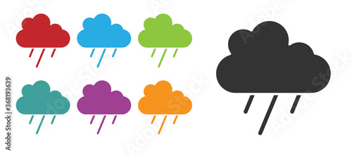 Black Cloud with rain icon isolated on white background. Rain cloud precipitation with rain drops. Set icons colorful. Vector.