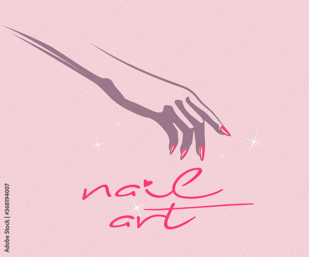 Woman hand with beautiful, elegant manicure.Nails art illustration.Nail salon icon.Nail polish beauty product.Luxury style.