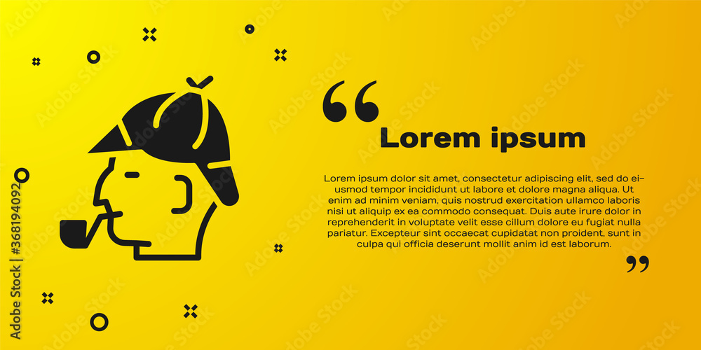 Black Sherlock Holmes with smoking pipe icon isolated on yellow background. Detective. Vector. Black Sherlock Holmes with smoking pipe icon isolated on yellow background. Detective. Vector.