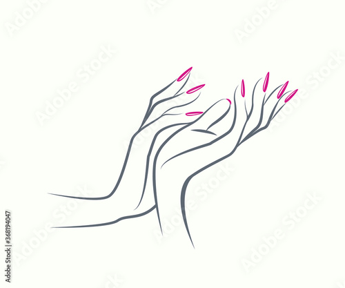 Nails art illustration.Woman hands with beautiful, elegant manicure isolated on white background.Nail salon icon.Bright pink nail polish.Luxury beauty style.