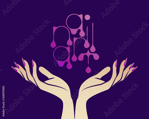 Woman hands with beautiful, elegant manicure isolated on dark background.Nails art illustration.Nail salon icon.Purple color nail polish beauty product.Luxury style.