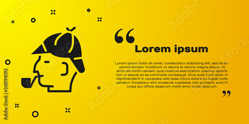 Black Sherlock Holmes with smoking pipe icon isolated on yellow background. Detective. Vector.