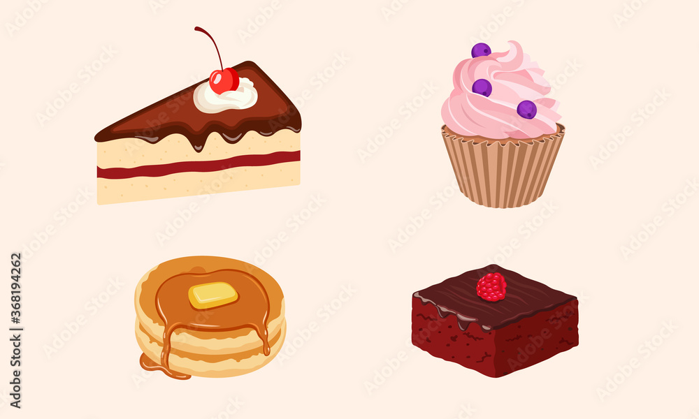 set cakes and sweets dessert.cupcake with pancake and brownies vector illustration set cakes and sweets dessert.cupcake with pancake and brownies vector illustration