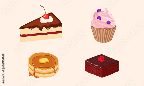 set cakes and sweets dessert.cupcake with pancake and brownies vector illustration