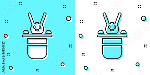 Black line Magician hat and rabbit icon isolated on green and white background. Magic trick. Mystery entertainment concept. Random dynamic shapes. Vector.