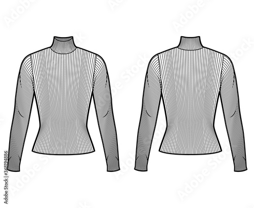 Turtleneck ribbed-knit sweater technical fashion illustration with long sleeves, close-fitting shape. Flat sweater apparel template front, back, white color. Women, men, unisex shirt top CAD mockup