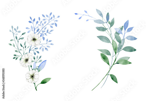 Watercolor illustration. Delicate twigs with leaves and flowers. Wedding decor. Invitations or postcards, for your design. © Dasha
