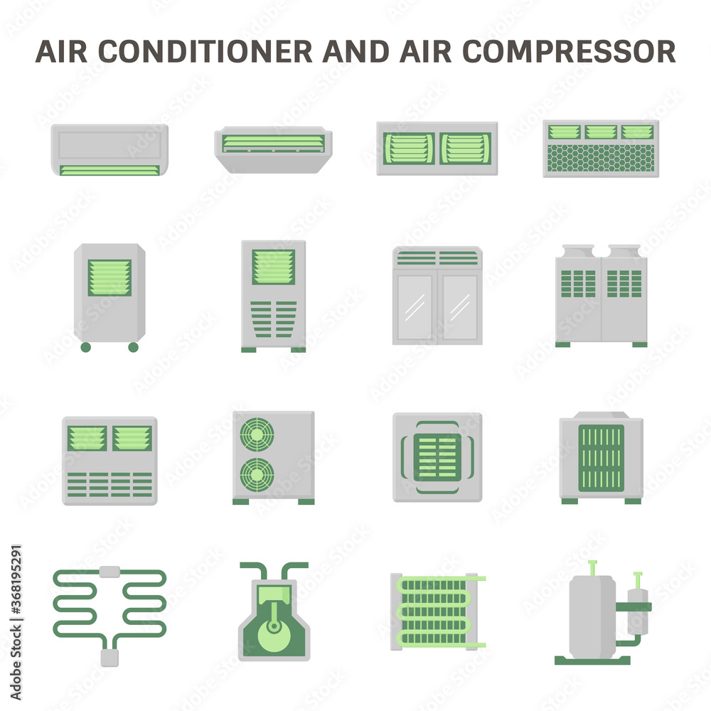 Air conditioner and air compressor part of hvac system vector icon set design. Air conditioner and air compressor part of hvac system vector icon set design.