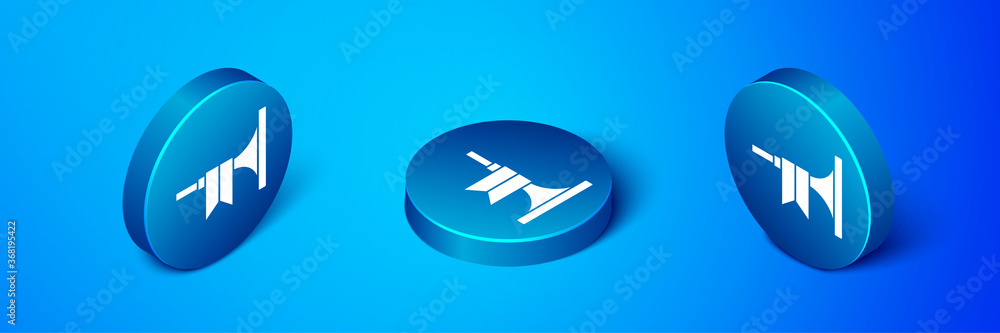 Isometric Musical instrument trumpet icon isolated on blue background. Blue circle button. Vector. Isometric Musical instrument trumpet icon isolated on blue background. Blue circle button. Vector.