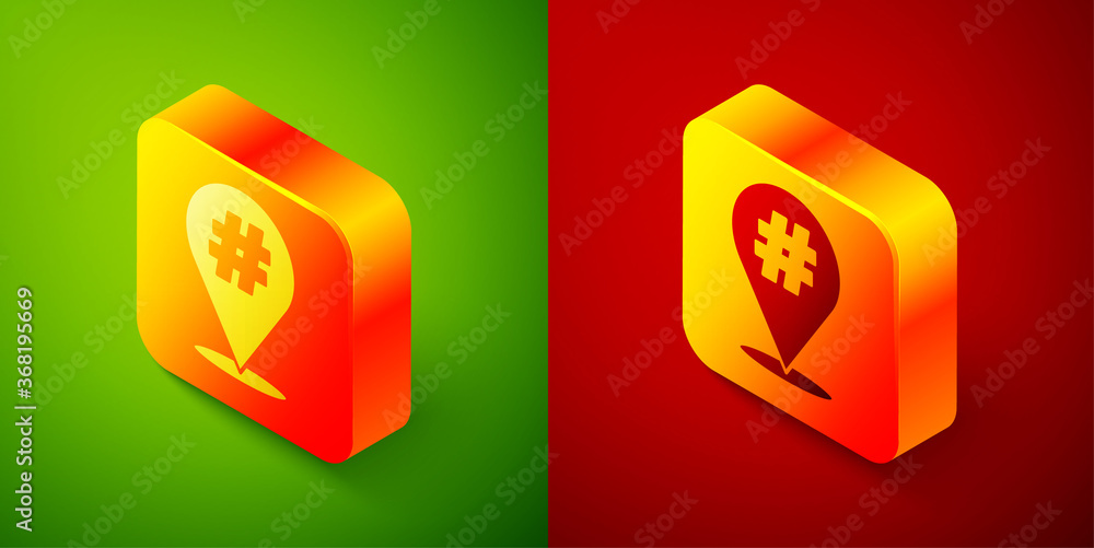 Isometric Protest icon isolated on green and red background. Meeting, protester, picket, speech, banner, protest placard, petition, leader, leaflet. Square button Vector illustration Isometric Protest icon isolated on green and red background. Meeting, protester, picket, speech, banner, protest placard, petition, leader, leaflet. Square button Vector illustration