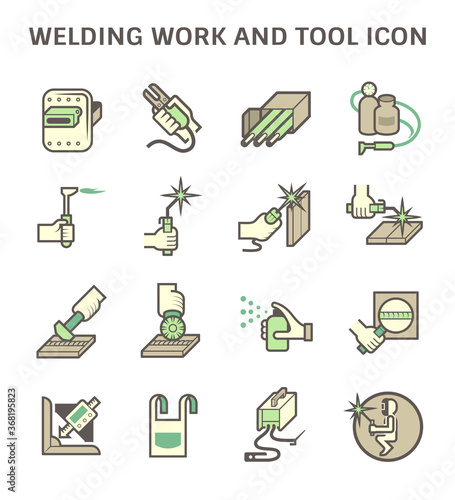 Welding work and welding tools such as welding torch, gas cutting tool vector icon set design.