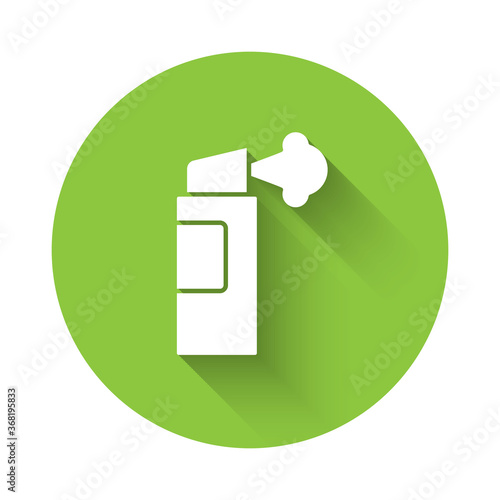 White Pepper spray icon isolated with long shadow. OC gas. Capsicum self defense aerosol. Green circle button. Vector.