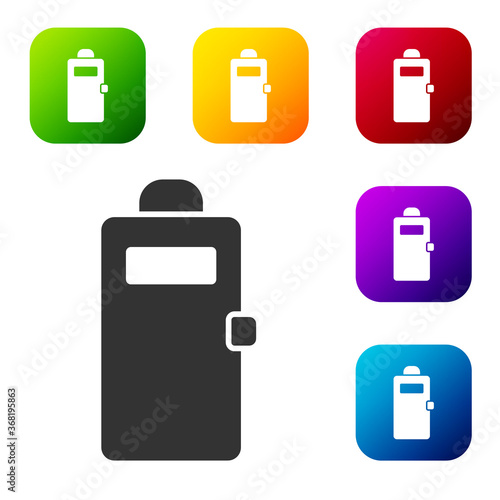 Black Police assault shield icon isolated on white background. Set icons in color square buttons. Vector.