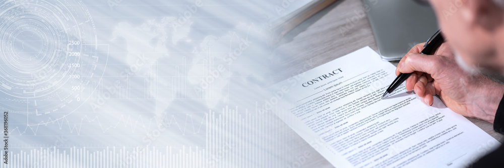 Senior man checking contract; panoramic banner Senior man checking contract; panoramic banner