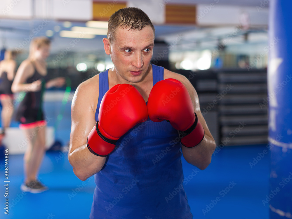 Portrait of adult sport male who is training in box gym