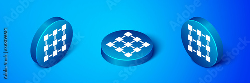 Isometric Blockchain technology icon isolated on blue background. Cryptocurrency data. Abstract geometric block chain network technology business. Blue circle button. Vector.
