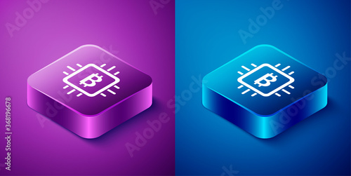 Isometric CPU mining farm icon isolated on blue and purple background. Bitcoin sign inside processor. Cryptocurrency mining community. Digital money. Square button. Vector.