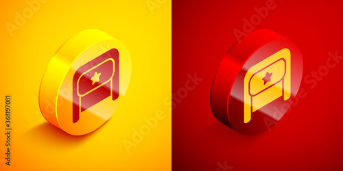 Isometric Ushanka icon isolated on orange and red background. Russian fur winter hat ushanka with star. Soviet Union uniform of KGB and NKVD. Circle button. Vector.