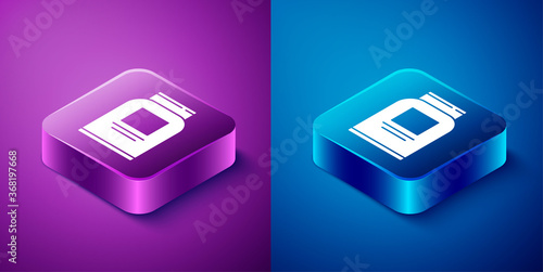 Isometric Sports nutrition bodybuilding proteine power drink and food icon isolated on blue and purple background. Square button. Vector.