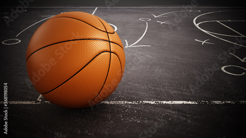 Basketball standing on game strategy blackboard. 3D illustration