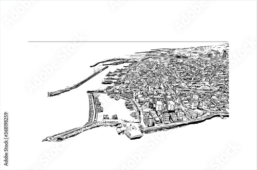 Building view with landmark of Akashi is a city on Japan’s Seto Inland Sea. Hand drawn sketch illustration in vector. photo