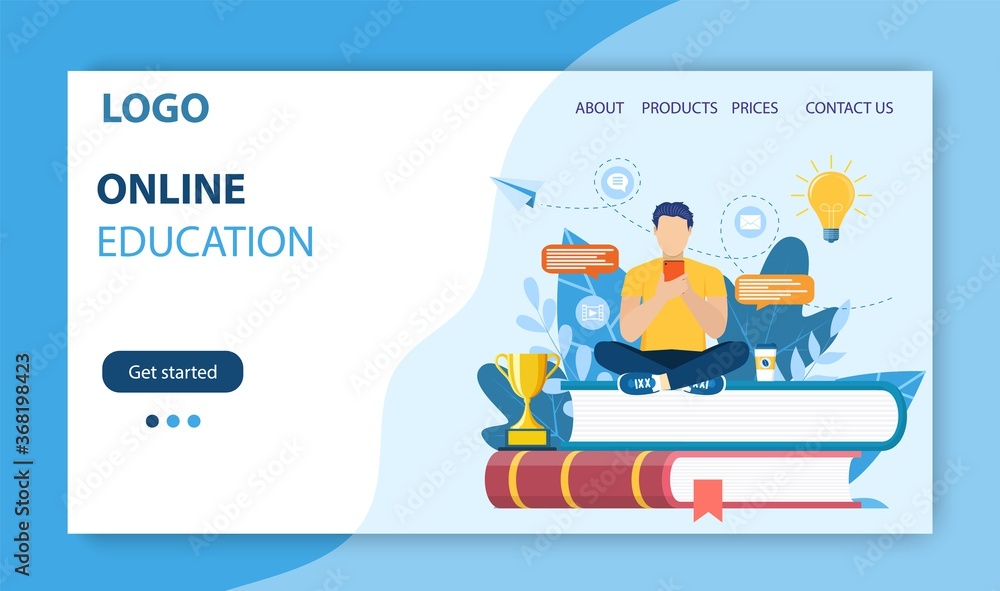 Online education landing page. man sitting on pile of books. Concept illustration for school, education, university. Vector illustration in flat style.
