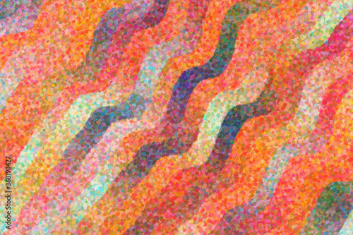 Pink, orange, red and blue waves Impressionist Pointlilism abstract paint background.