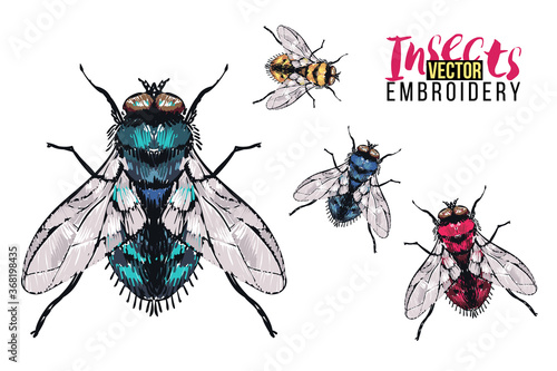 Yellow fly, red fly, blue fly, green fly. Embroidery fashion patch with insects illustration. Trendy traditional art on white background.