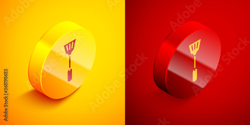 Isometric Fly swatter icon isolated on orange and red background. Circle button. Vector.