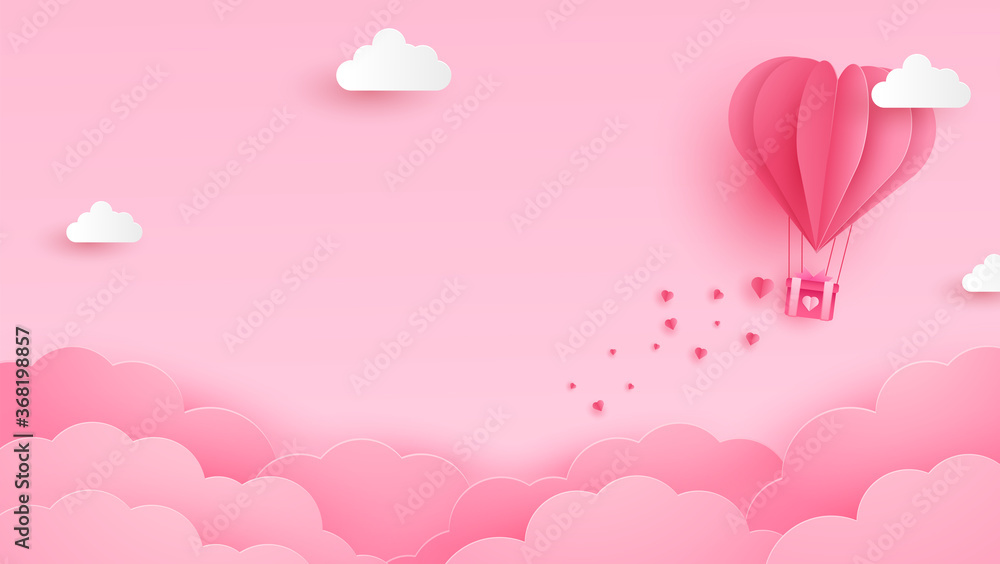 illustration of love and valentine day with heart baloon, gift and clouds. Paper cut style. Vector illustration