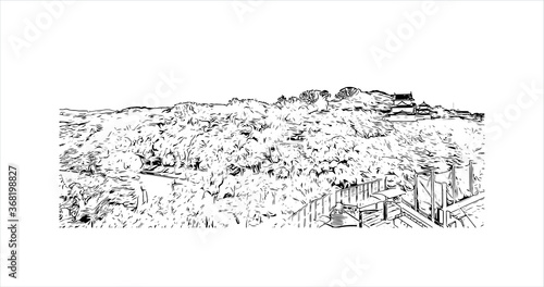 Building view with landmark of Akashi is a city on Japan’s Seto Inland Sea. Hand drawn sketch illustration in vector.