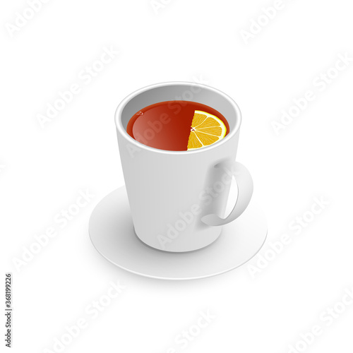 Realistic 3d cup of hot aromatic freshly brewed drink black tea with lemon, saucer. A teacup isometric view isolated on white background. Vector illustration for web, design, menu, app