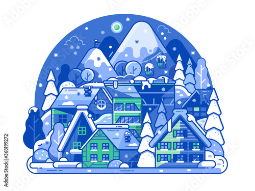 Sleeping Ski Resort by Night Scene in Line Art