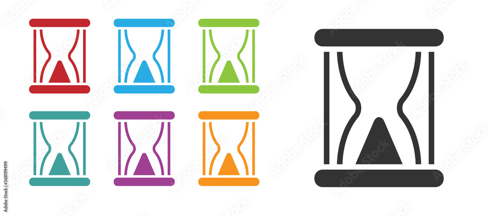 Black Old hourglass with flowing sand icon isolated on white background. Sand clock sign. Business and time management concept. Set icons colorful. Vector. Black Old hourglass with flowing sand icon isolated on white background. Sand clock sign. Business and time management concept. Set icons colorful. Vector.