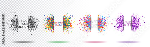 Vector splatter labels with shadows and space for text. Splash banners set. Dynamic frame stylish geometric background. Element for design business cards, invitations, gift cards, flyers and brochure.