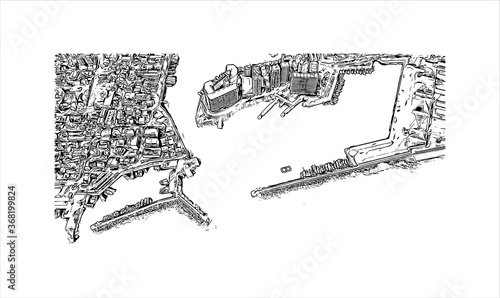 Building view with landmark of Akashi is a city on Japan’s Seto Inland Sea. Hand drawn sketch illustration in vector.