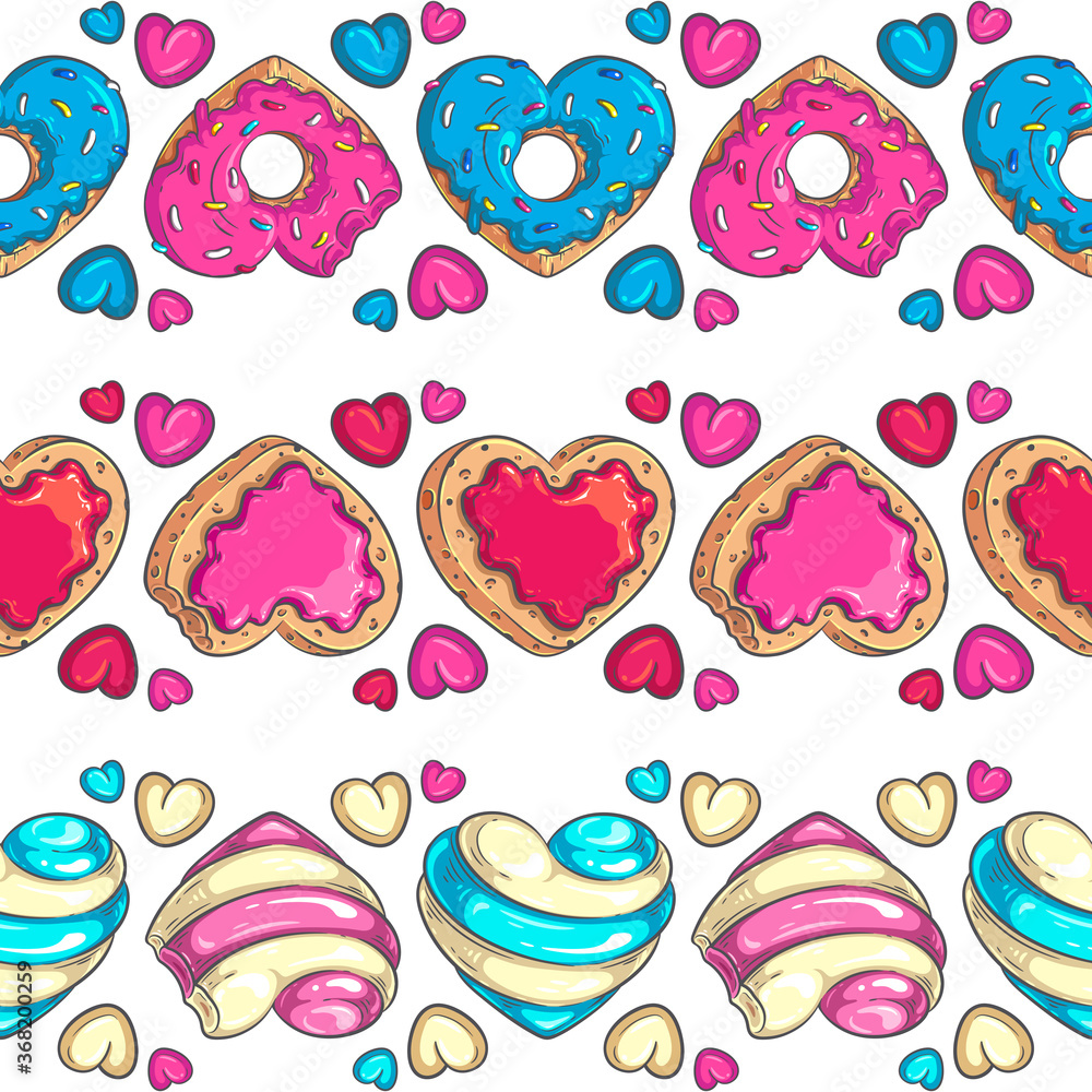 Seamless borders and brushes of heart shaped donut, candy and cookie with additional hearts. Colorful vector illustrations for Valentine’s Day, birthday party, wedding, food fests and other designs.