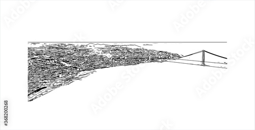 Building view with landmark of Akashi is a city on Japan’s Seto Inland Sea. Hand drawn sketch illustration in vector.