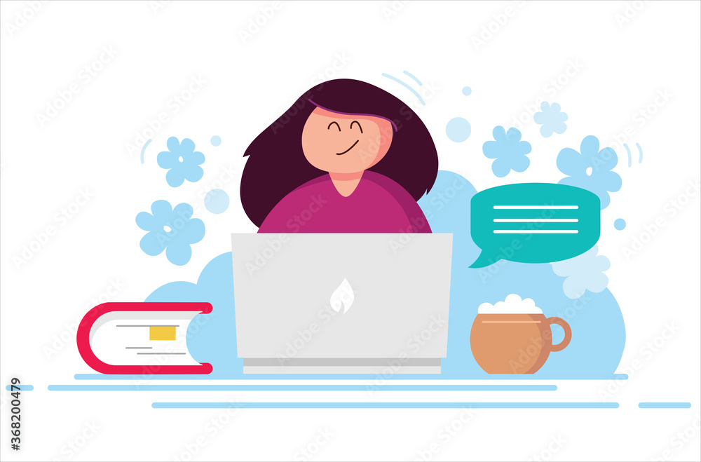 Woman working on laptop at the workplace. Female character sitting at the table. Student study lessons on the PC at the home. Vector illustration in a flat cartoon style. Woman working on laptop at the workplace. Female character sitting at the table. Student study lessons on the PC at the home. Vector illustration in a flat cartoon style.