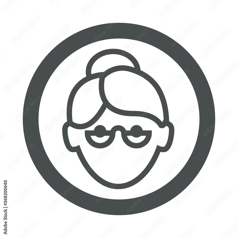 Icono plano cabeza de mujer mayor con peinado con moño y gafas en círculo de color gris Icono plano cabeza de mujer mayor con peinado con moño y gafas en círculo de color gris