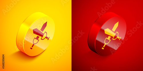 Isometric Crossed medieval sword icon isolated on orange and red background. Medieval weapon. Circle button. Vector.